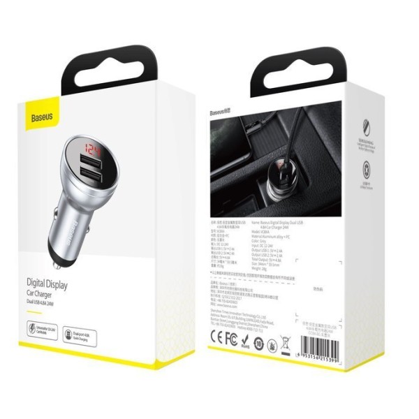 Baseus Digital Display | Ładowarka samochodowa 2xUSB 4.8A 24W 
