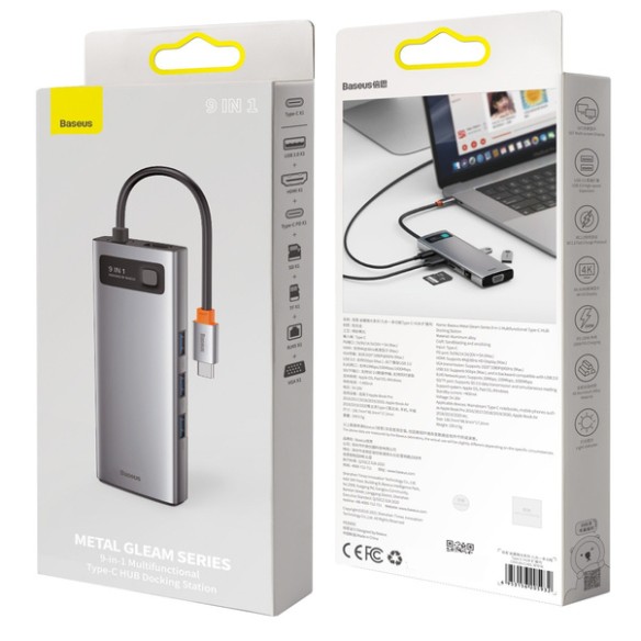 Baseus Metal Gleam 9w1 | Adapter HUB 9w1 USB-C do HDMI, VGA, RJ45, 3x USB3.0, SD/TF, 100W  