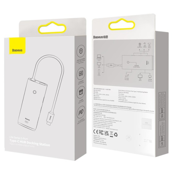 Baseus Lite Series 5-Port | Adapter HUB USB-C 3x USB3.0 HDMI PD 100W