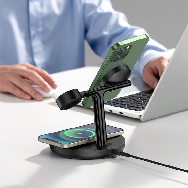Baseus Swan 3-in-1 | Ładowarka indukcyjna do iPhone (MagSafe) + Samsung, Huawei, Apple, Xiaomi Qi + stacja dokująca do Apple Wat