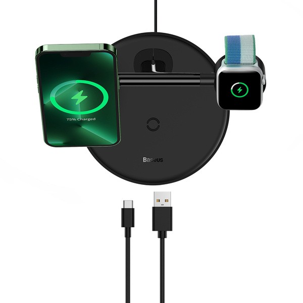 Baseus Swan 3-in-1 | Ładowarka indukcyjna do iPhone (MagSafe) + Samsung, Huawei, Apple, Xiaomi Qi + stacja dokująca do Apple Wat