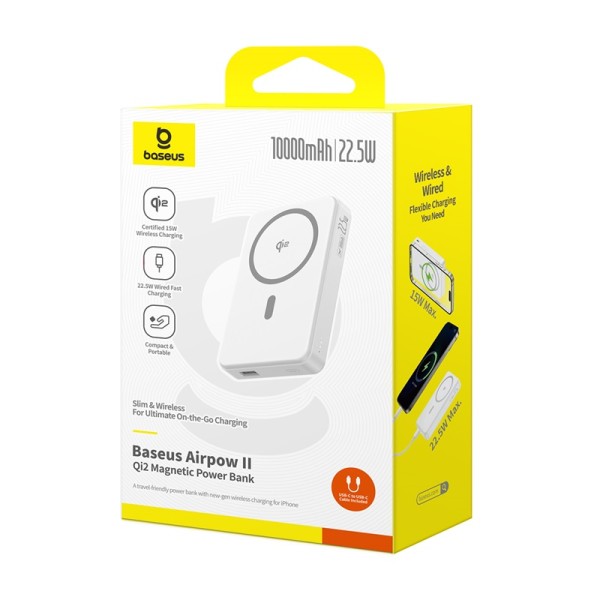 Baseus Airpow Ⅱ Qi2 | Power Bank z ładowaniem bezprzewodowym Qi2 USB USB-C 22.5W 10000mAh