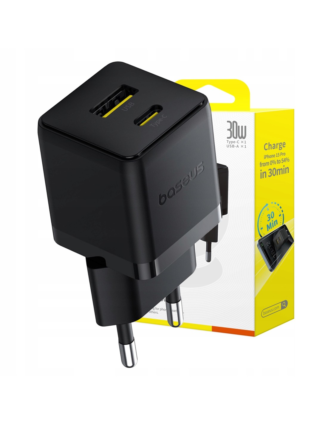 Baseus Palm Szybka Ładowarka Sieciowa USB-C+USB-A 30W Czarna