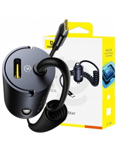 Baseus Tiny Star Mini Ładowarka Samochodowa USB-C+USB-C Kabel 30W Czarna