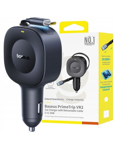 Baseus PrimeTrip VR2 Ładowarka Samochodowa Z Wysuwanym Kablem C+C 30W Czarna