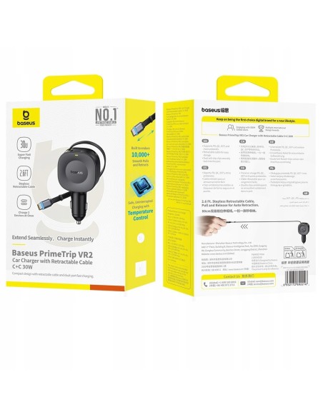 Baseus PrimeTrip VR2 Ładowarka Samochodowa Z Wysuwanym Kablem C+C 30W Czarna