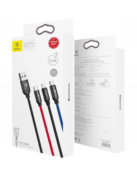 Baseus Three Primary Colors Kabel 3w1 USB Do Lightning Micro USB-C 3.5A 30cm