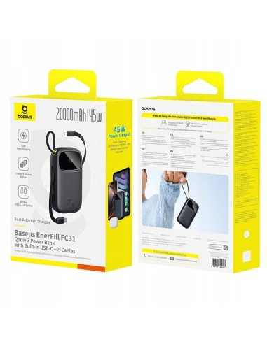 Baseus EnerFill FC31 Qpow 3 Power Bank Z Cyfrowym Wyświetlaczem Z Kablem USB-C+iP 20000mAh 45W Czarny