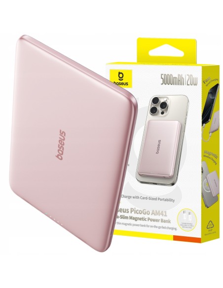 Baseus PicoGo AM41 Ultra-Slim MagnetycznyPower Bank 5000mAh 20W Różowy