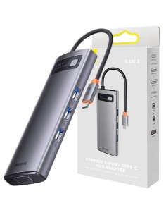 Baseus Metal Gleam 8w1 HUB USB-C Do HDMI, VGA, 3x USB3.0, SD, TF 100W Szary