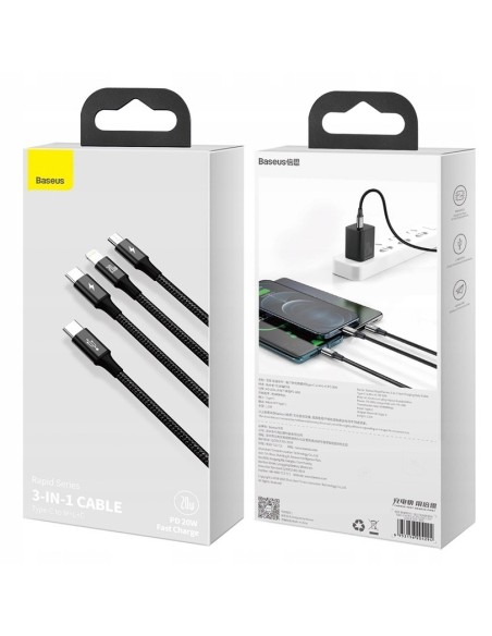 Baseus Rapid Series Kabel 3w1 USB-C Micro Lightning 20W 1.5m Czarny