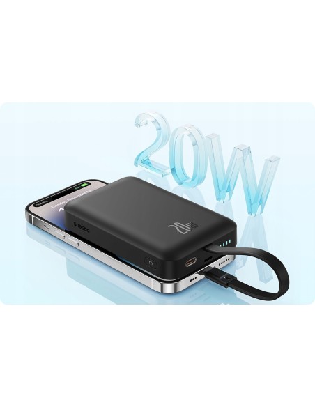 Baseus Magnetic Mini Power Bank Z Ładowaniem Bezprzewodowym I Kablem USB-C 10000mAh 20W Czarny
