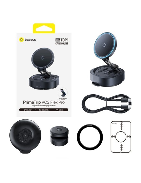 Baseus PrimeTrip VC3 Flex Pro Magnetyczny Uchwyt Samochodowy Z Ładowaniem Bezprzewodowym Czarny